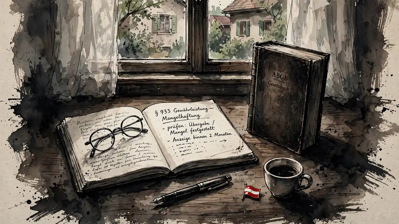 Schreibtisch mit juristischem Buch, Notizbuch und Brille in österreichischem Büro